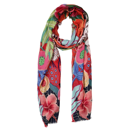 Tropical Bloom Fiesta – Merino Wool Vibrant Botanical Scarf