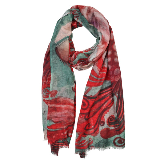 Crimson Sea Fantasy – Fine Merino Artistic Ocean Scarf