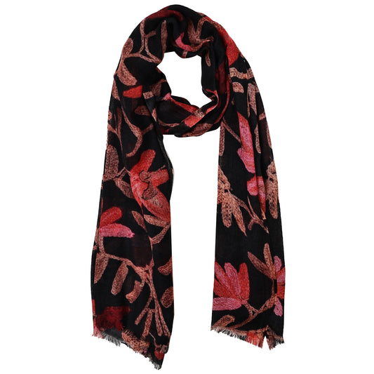 Midnight Coral Vine – Merino Wool Floral Look Scarf