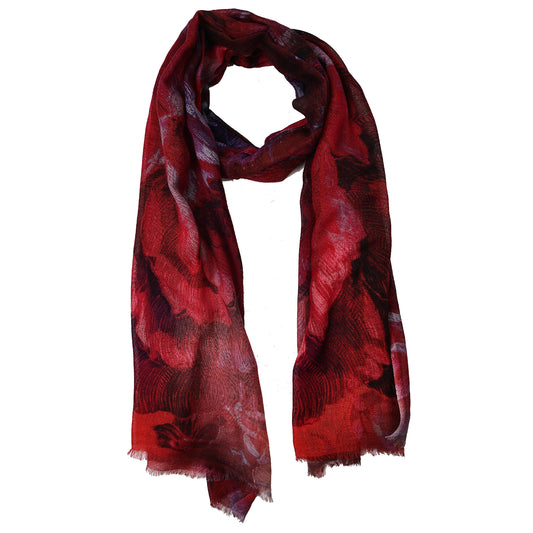 Ruby Peony Mirage – Merino Wool Romantic Floral Scarf