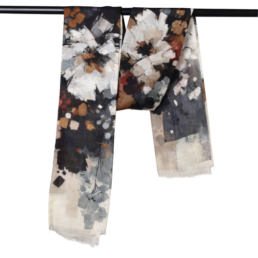 Monochrome Bloom Fusion – Merino Wool Modern Floral Scarf