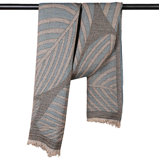 Blue & Beige Textured Merino Wool Scarf – Abstract Stripe Pattern Lightweight Winter Wrap