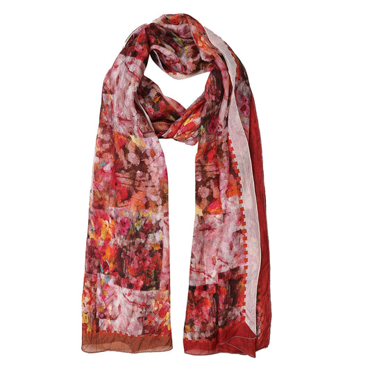 Crimson Bloom Tapestry – Silk Artistic Floral Scarf