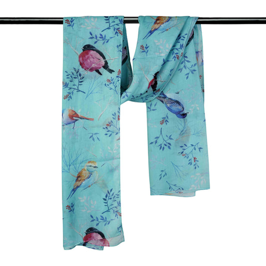 Tropical Bird Scarf – Cotton Modal  | Colorful Songbird & Botanical Print on Aqua Blue