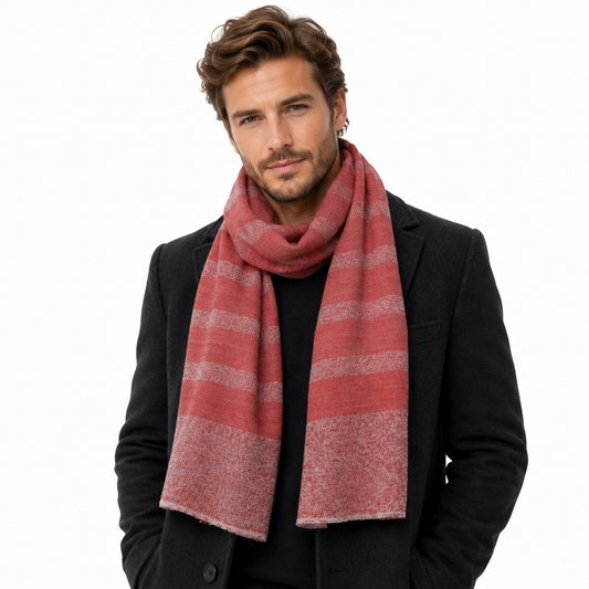 Red striped Jacquard Merino Wool Scarf – Unisex Designer Scarf