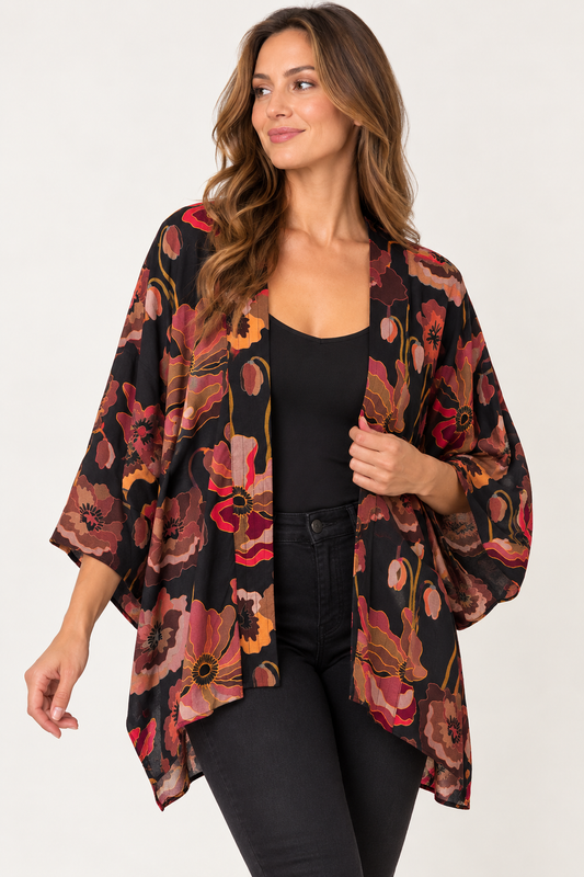 Kimono court en mousseline de coton abstrait