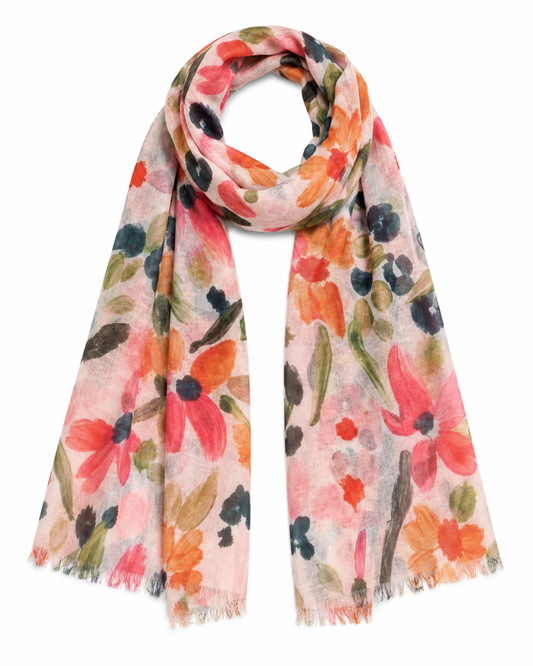 Blossom Garden Multicolor Floral Pure Silk Scarf | Hand-Painted Artistic Designer Wrap