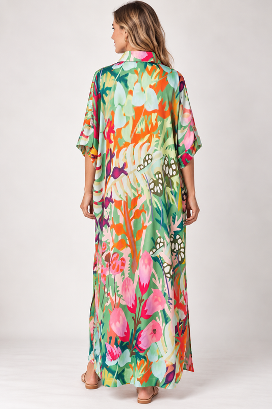 Tropical Floral Button-Down Modal Satin Dress
