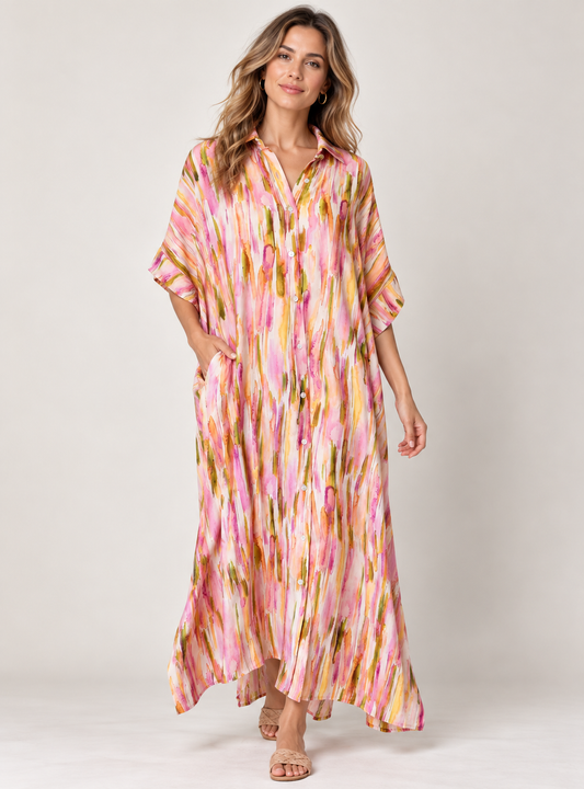 Abstract Brushstroke Button-Down Modal Satin Dress
