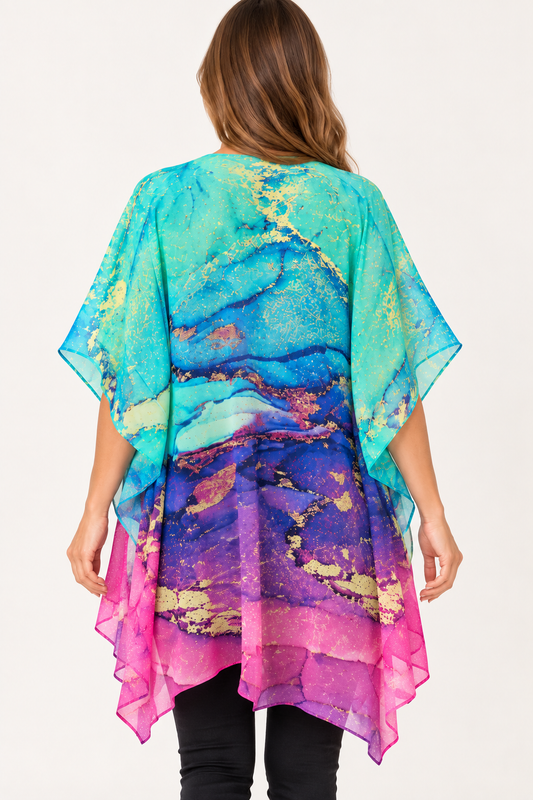 Abstract Aqua & Fuchsia Brushstroke Viscose Crepe Cape Kaftan