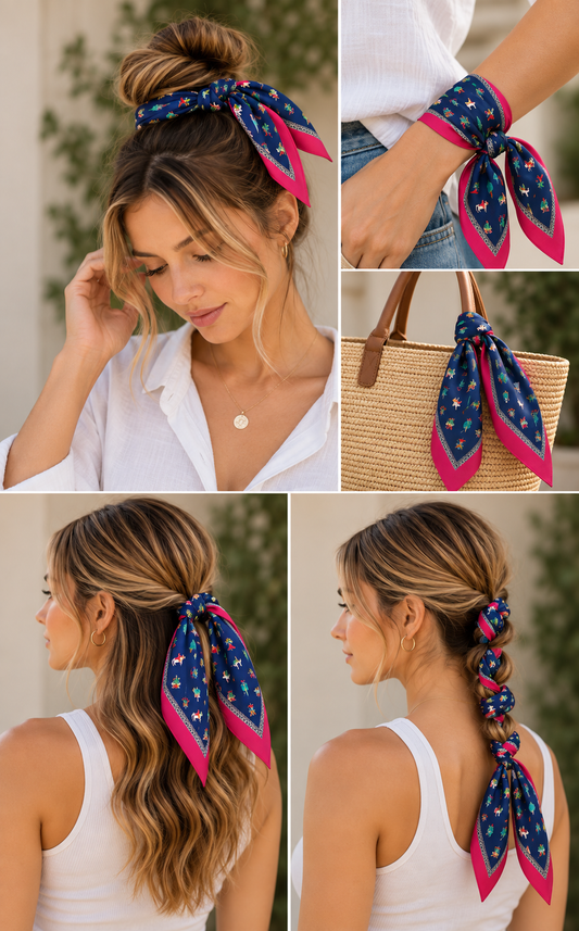 Navy Blue Multicolour Motif Silk Skinny Scarf