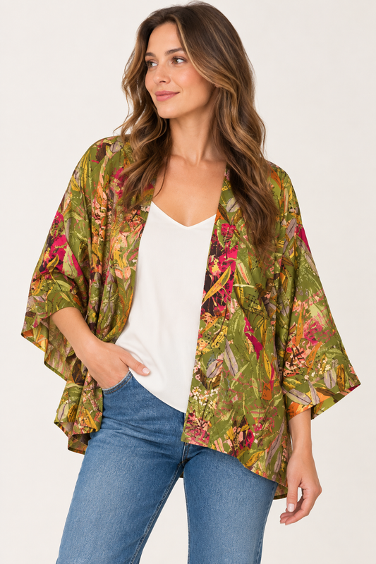 Olive Botanical Painterly Short Cotton Muslin Kimono