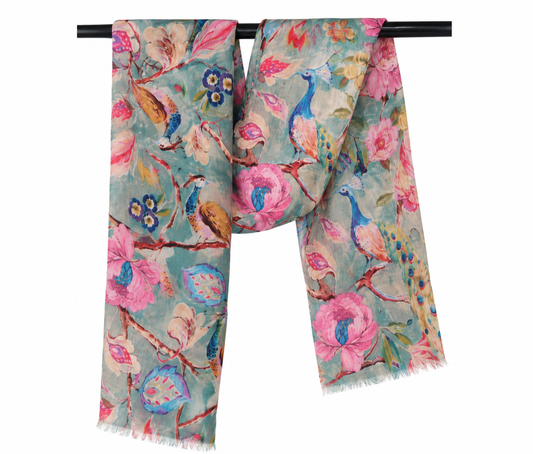 Bufanda de diseño de seda merino fina con diseño floral