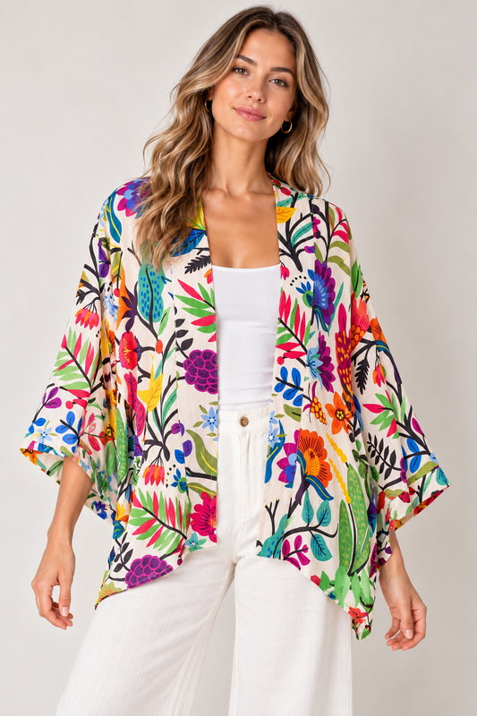 Botanical Folk Print Cotton Muslin Short Kimono