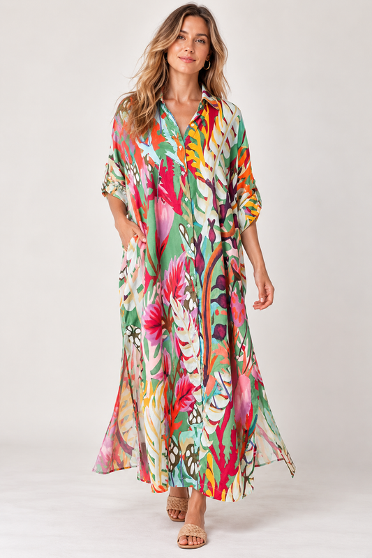 Tropical Floral Button-Down Modal Satin Dress