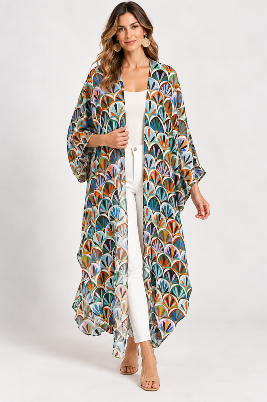 Art Deco Fan Print Long Modal Satin Kimono
