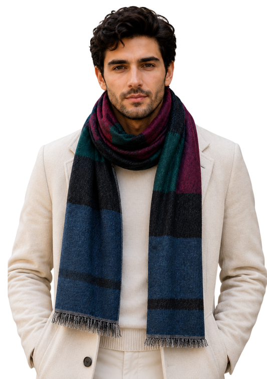 Unisex Multicolor Block Merino Wool Scarf – Blue, Burgundy & Green Lightweight Winter Wrap