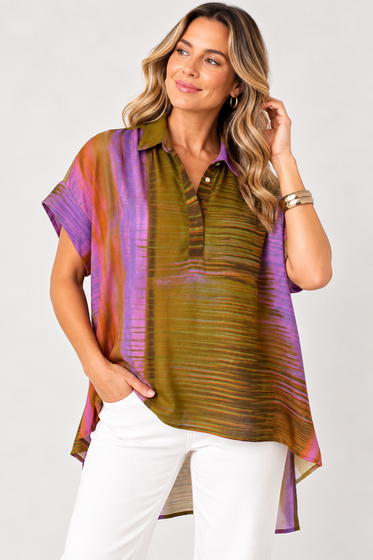 Artisan Print Hi-Lo Rayon Cap Sleeve Top