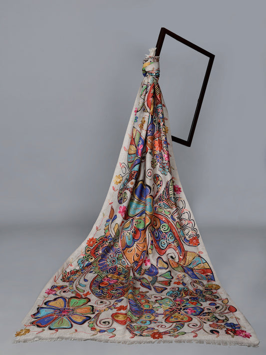 Bufanda de diseño de lana merino bordada con motivos florales Kantha