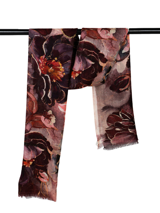 Midnight Peony Fine Merino Scarf – Hand-Painted Floral Elegance