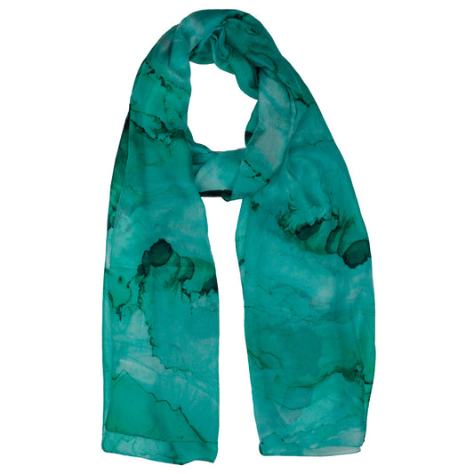Aqua Waves Scarf – Pure Silk Wrap | Abstract Teal Watercolor Print
