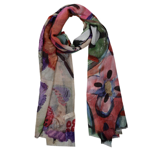 Floral Handpaint Print Merino Silk Designer Scarf