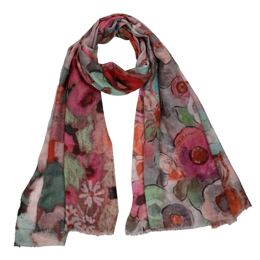 Painterly Garden Mosaic Merino  Silk Scarf – Artistic Floral Print