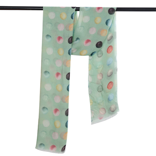 Midnight Polka Charm Scarf – Modal Silk Wrap | Multicolor Dot Print on Mint Green