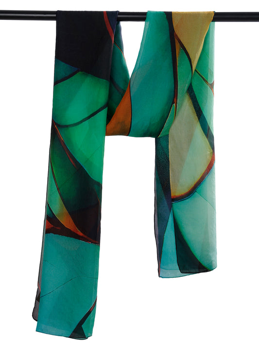 Ocean Prism Scarf – Pure Silk Wrap | Abstract Teal & Amber Stained Glass Print
