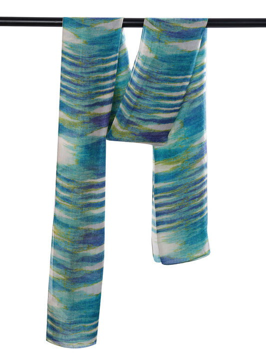 Ocean Mirage Abstract Scarf – Pure Silk Designer Wrap | Blue & Teal Geometric Ikat Print