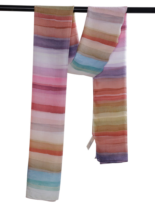 Pastel Horizon Scarf – Pure Silk Wrap | Soft Watercolor Stripe Print