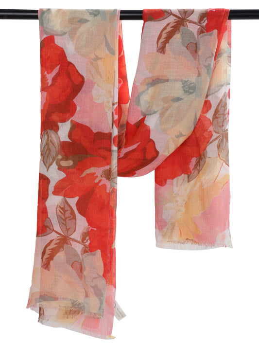 Crimson Bloom Floral Scarf – Modal Silk Designer Wrap | Red & Beige Botanical Print