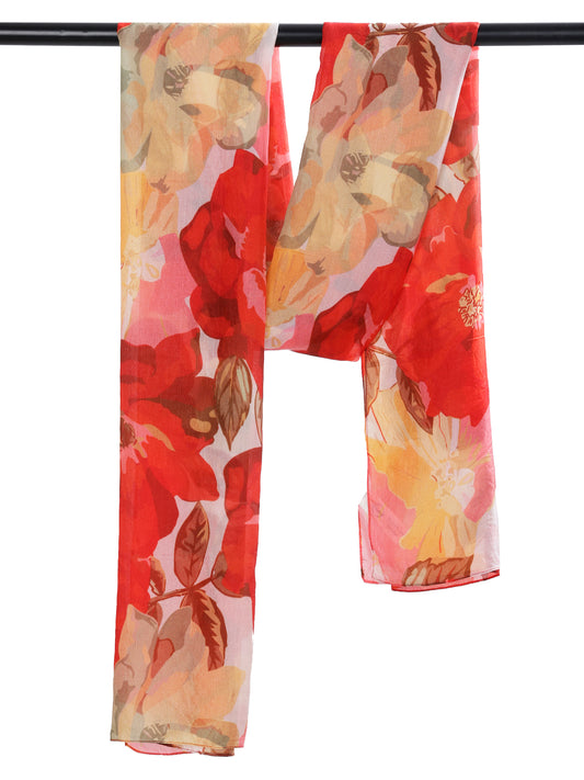 Crimson Bloom Floral Scarf – Pure Silk Designer Wrap | Red & Beige Botanical Print