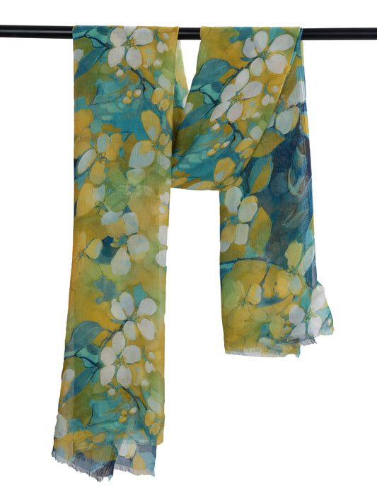 Golden Bloom Scarf – Modal Silk Wrap | Yellow & Teal Floral Print