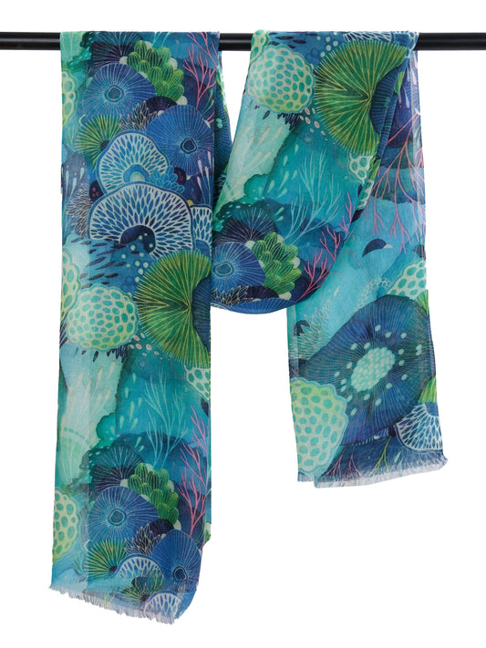 Ocean Bloom Abstract Scarf – Modal Silk Designer Wrap | Underwater Botanical Blue Print
