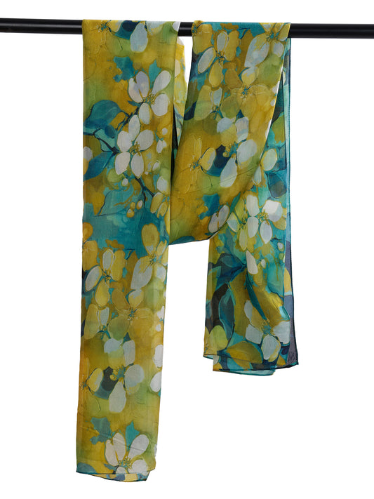 Golden Bloom Scarf – Pure Silk Wrap | Yellow & Teal Floral Print