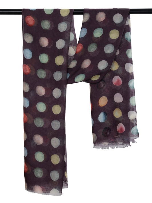 Midnight Polka Charm Scarf – Modal Silk Wrap | Multicolor Dot Print on Deep Brown