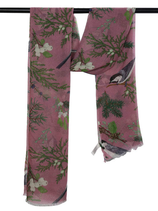 Winter Garden Bird Scarf – Modal Silk Designer Wrap | Botanical Songbird Print