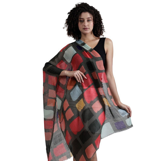 Retro Blocks Abstract Scarf – Fine Merino Wool Designer Wrap | Colorful Geometric Print