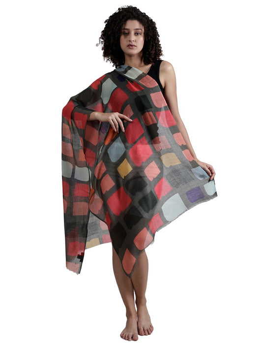 Retro Blocks Abstract Scarf – Merino Wool Silk Designer Wrap | Colorful Geometric Print