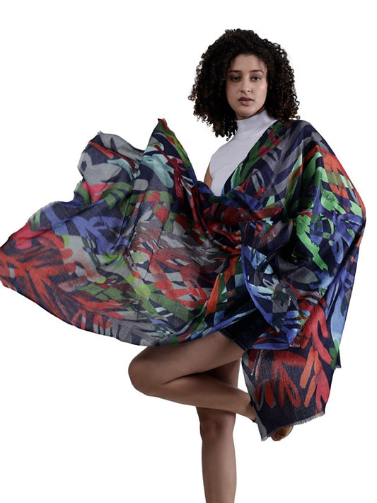 Midnight Jungle Abstract Scarf – Merino Fine Wool Designer Wrap | Colorful Botanical Leaf Print