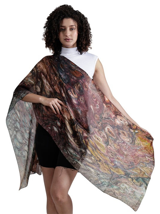 Earthstone Abstract Scarf – Pure Silk Designer Wrap | Marble Swirl Artistic Print