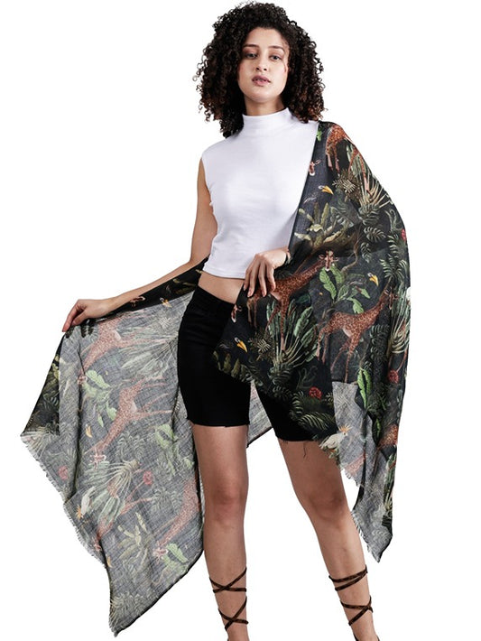 Savannah Wildlife Jungle Scarf – Merino Wool Silk Designer Wrap | Animal & Botanical Print