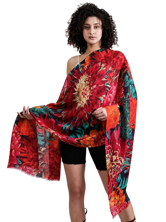 Japanese Chrysanthemum Glory Floral Scarf – Merino Wool Silk Designer Wrap | Bold Botanical Bloom Print