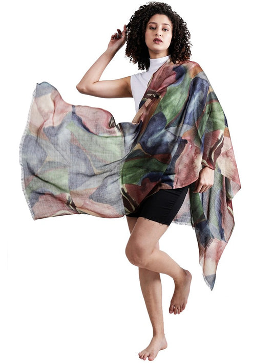 Bloom Horizon Abstract Floral Scarf – Merino Fine Wool Designer Wrap | Watercolor Botanical-Inspired Print