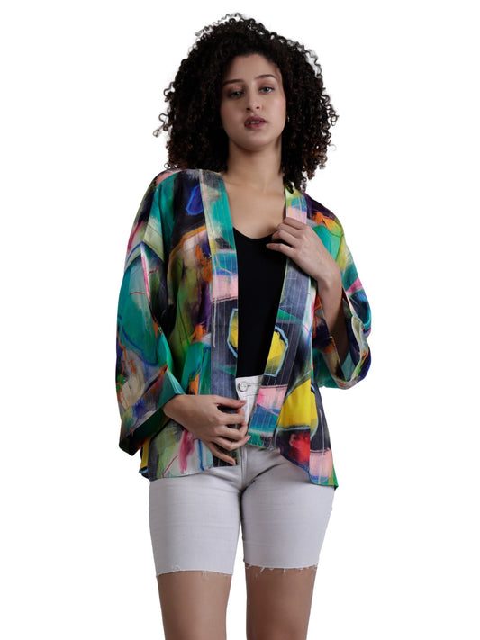 Emerald Abstract Expression Short Kimono – Artistic Cotton Velvet Jacket