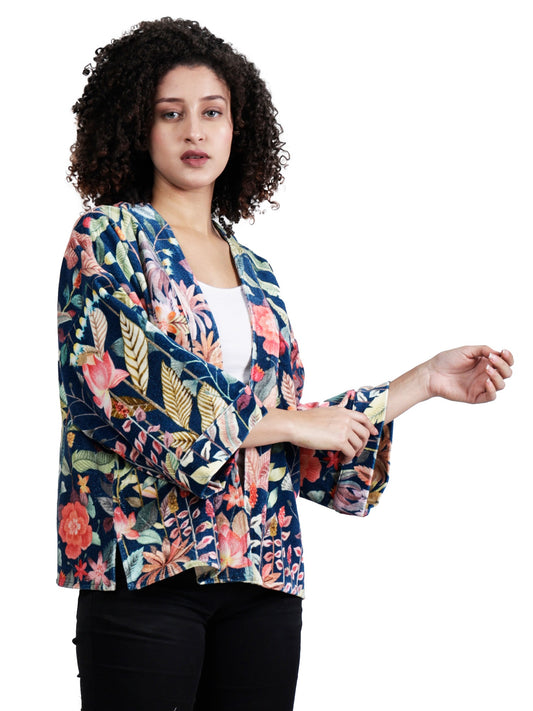 Midnight Lotus Garden Cotton Muslin Short Kimono – Navy Floral