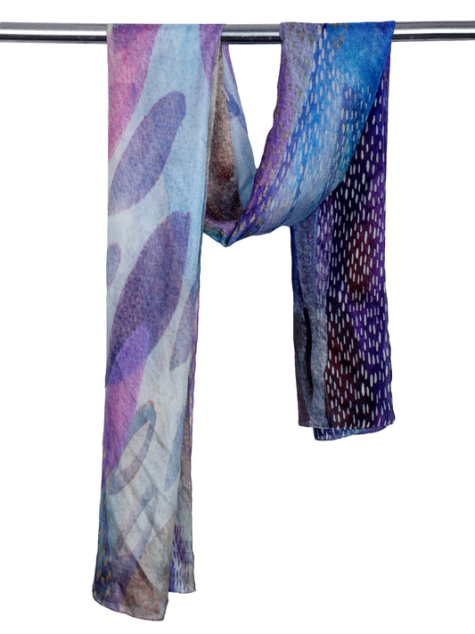 Mystic Waves Abstract Scarf – Pure Silk Designer Wrap | Blue & Purple Artistic Print