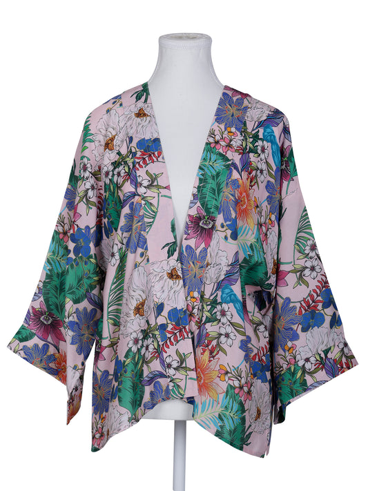 Blush Tropical Garden Short Kimono – Botanical Cotton Velvet Jacket