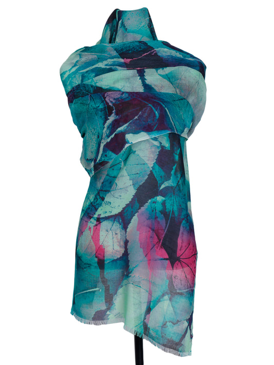 Teal & Magenta Autumn Leaf Scarf – Modal Silk Designer Wrap | Abstract Botanical Print